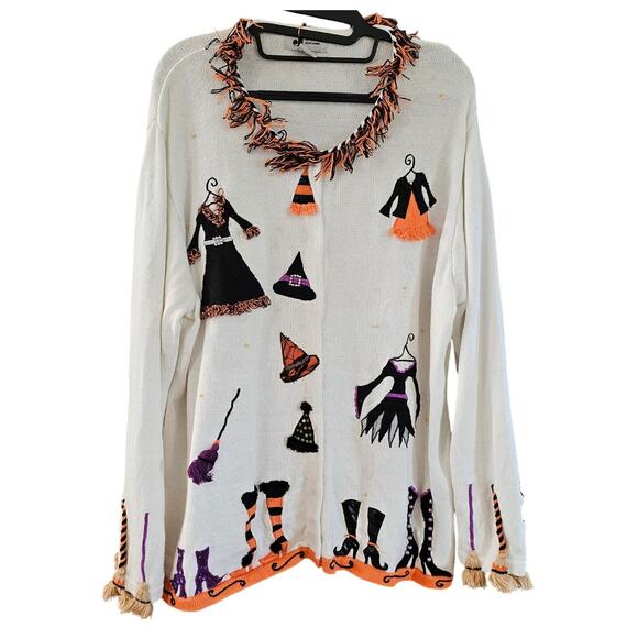 Vintage Sweaters - Vintage J Two NY Halloween Witch Embroidered Fringe Novelty Cardigan Sweater XXL